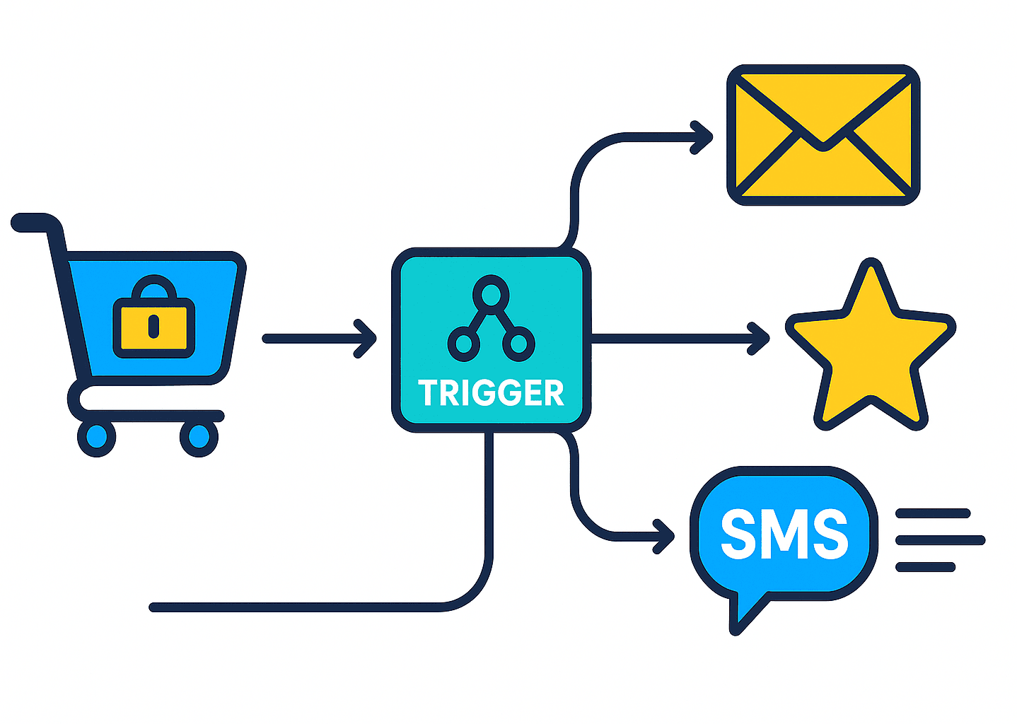 Diagramme de flux montrant les déclencheurs automatiques d’envoi d’e-mails et SMS pour demandes d’avis après achat