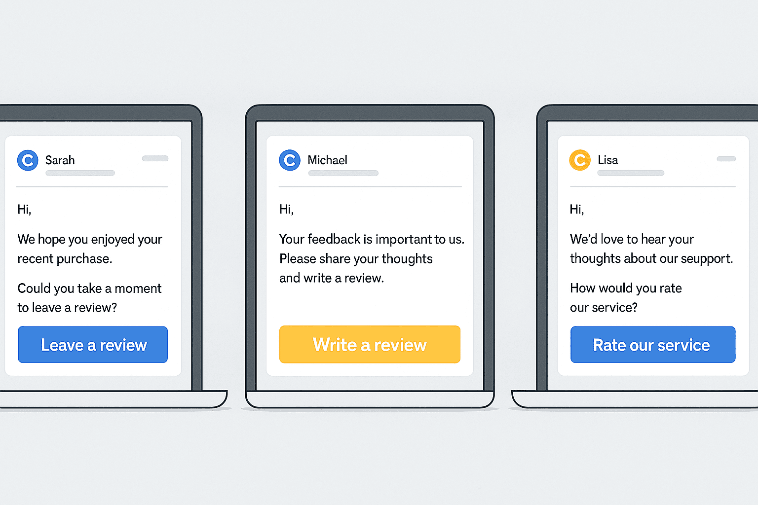 Série de maquettes d’e-mails montrant des appels à l’action efficaces pour demander un avis