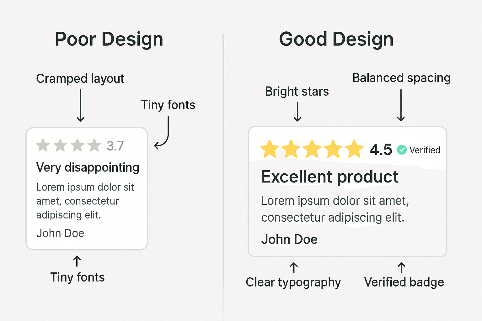 Comparaison entre un bon et un mauvais design de widget d’avis