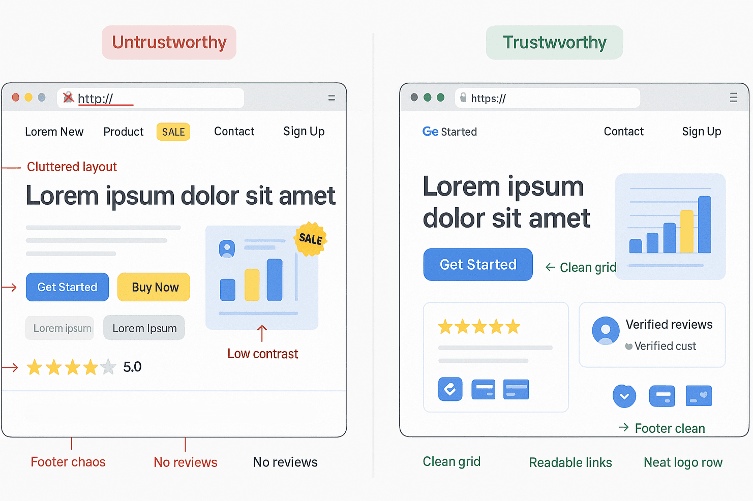 Comparaison entre un site clair et professionnel et un site surchargé manquant de crédibilité