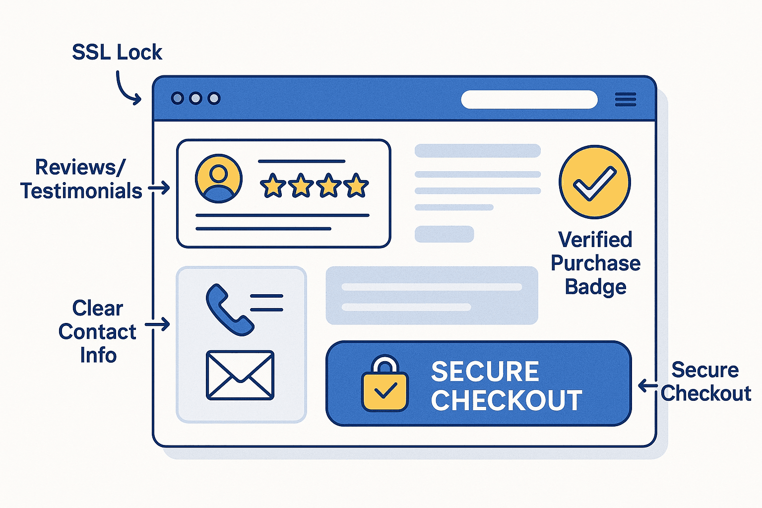 Page d’accueil annotée montrant les signaux de confiance clés : HTTPS, badges, témoignages