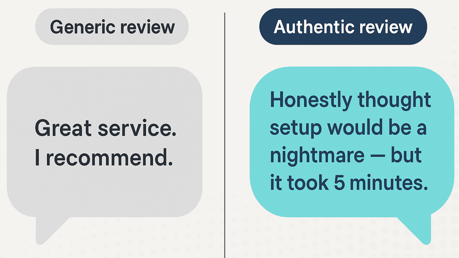 Comparison of a generic marketing line vs. a raw authentic review quote