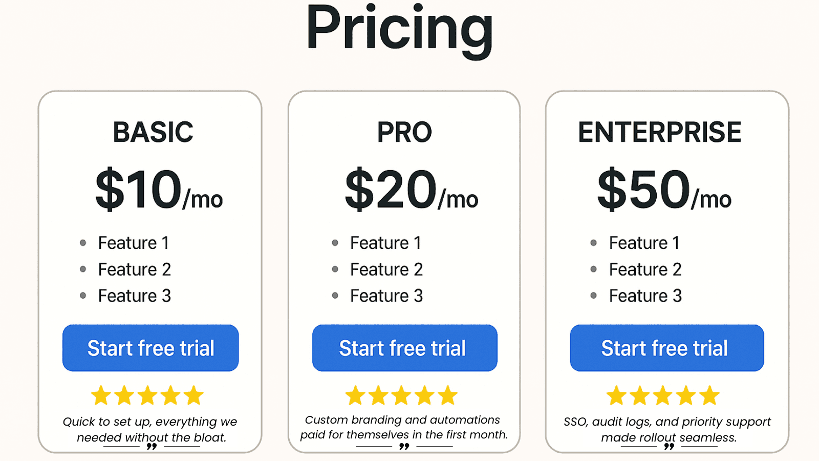 Website mockup with reviews placed strategically beside CTAs on a pricing page