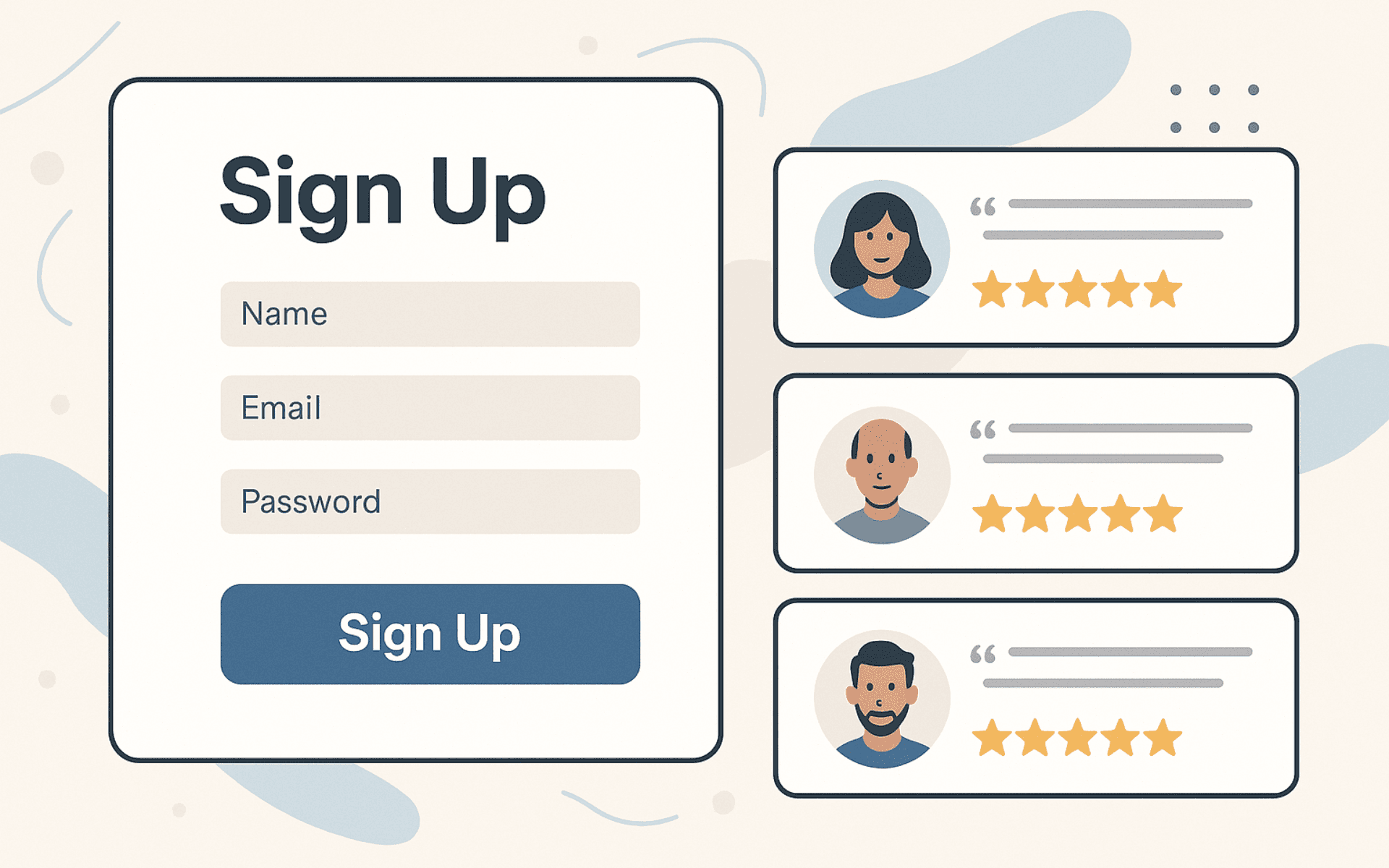 Real customer reviews displayed beside a website signup form