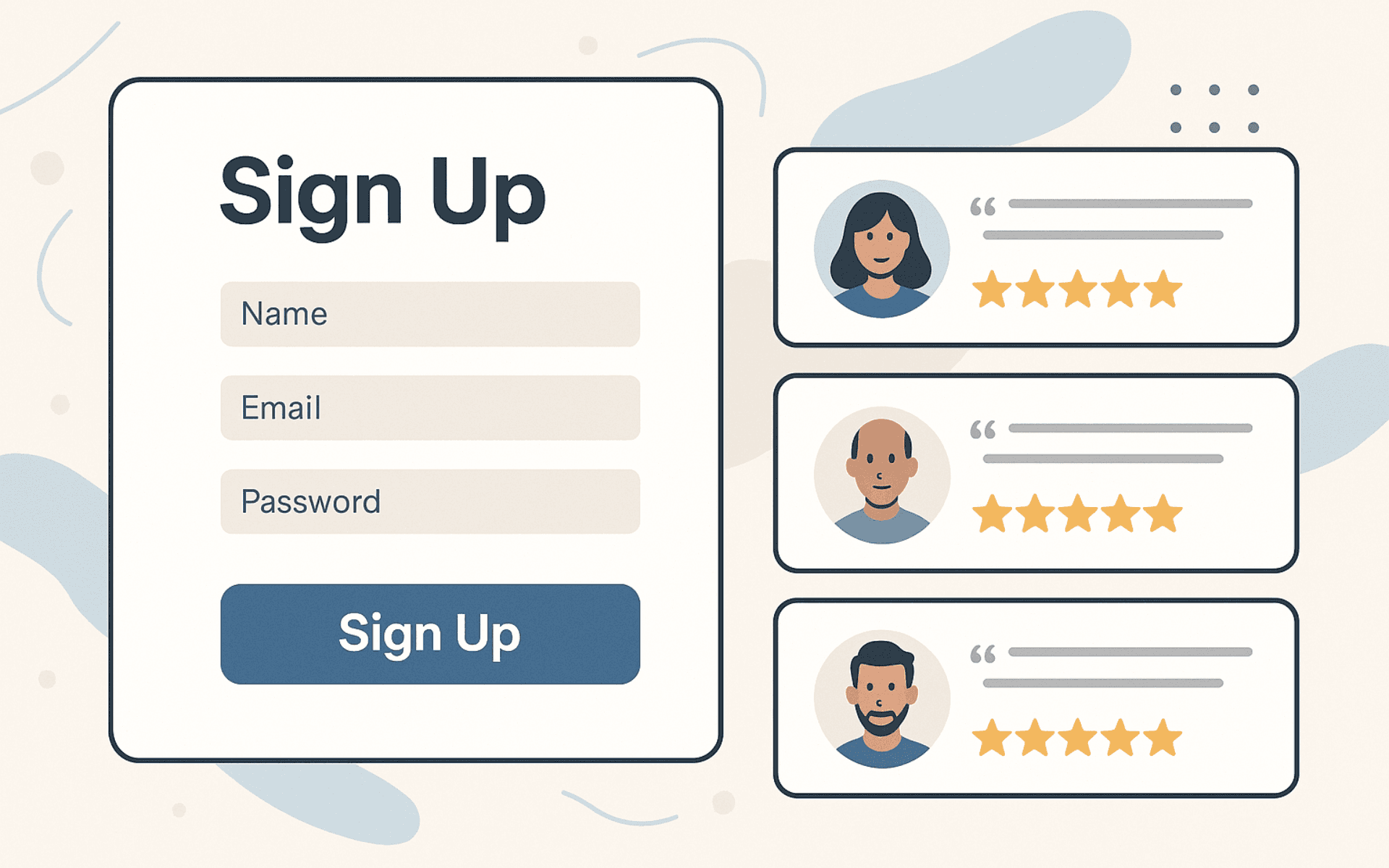 Real customer reviews displayed beside a website signup form