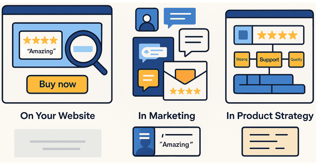 Infographic flow chart showing use of customer reviews in websites, marketing and product strategy