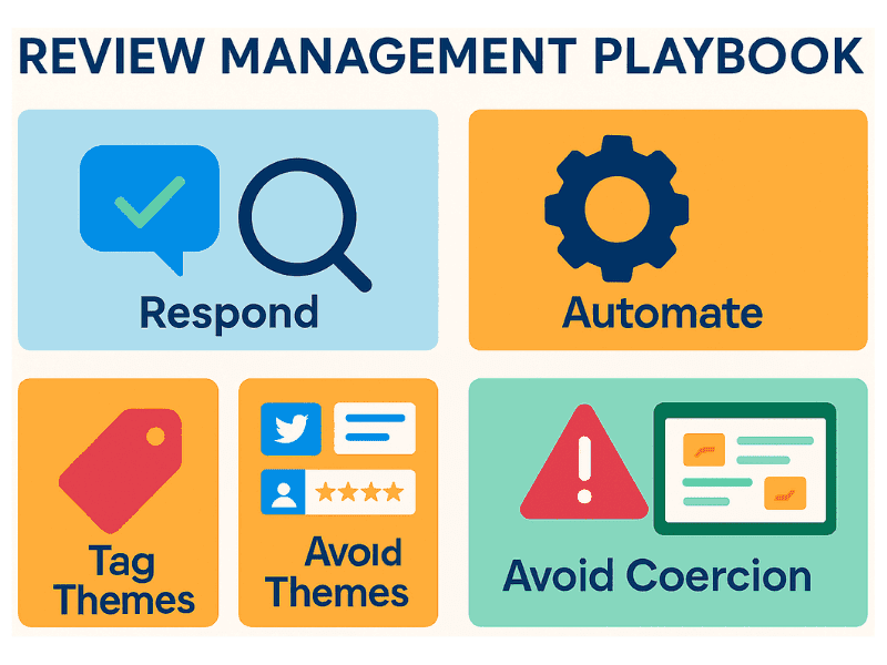 Clean checklist graphic for a review management playbook: respond, automate, tag themes, avoid coercion