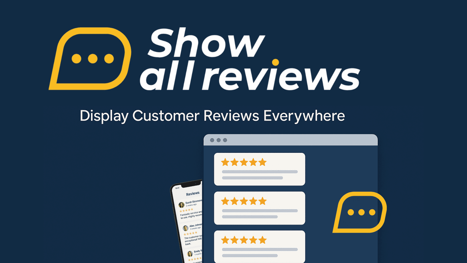 Customer reviews displayed on laptop and mobile screens