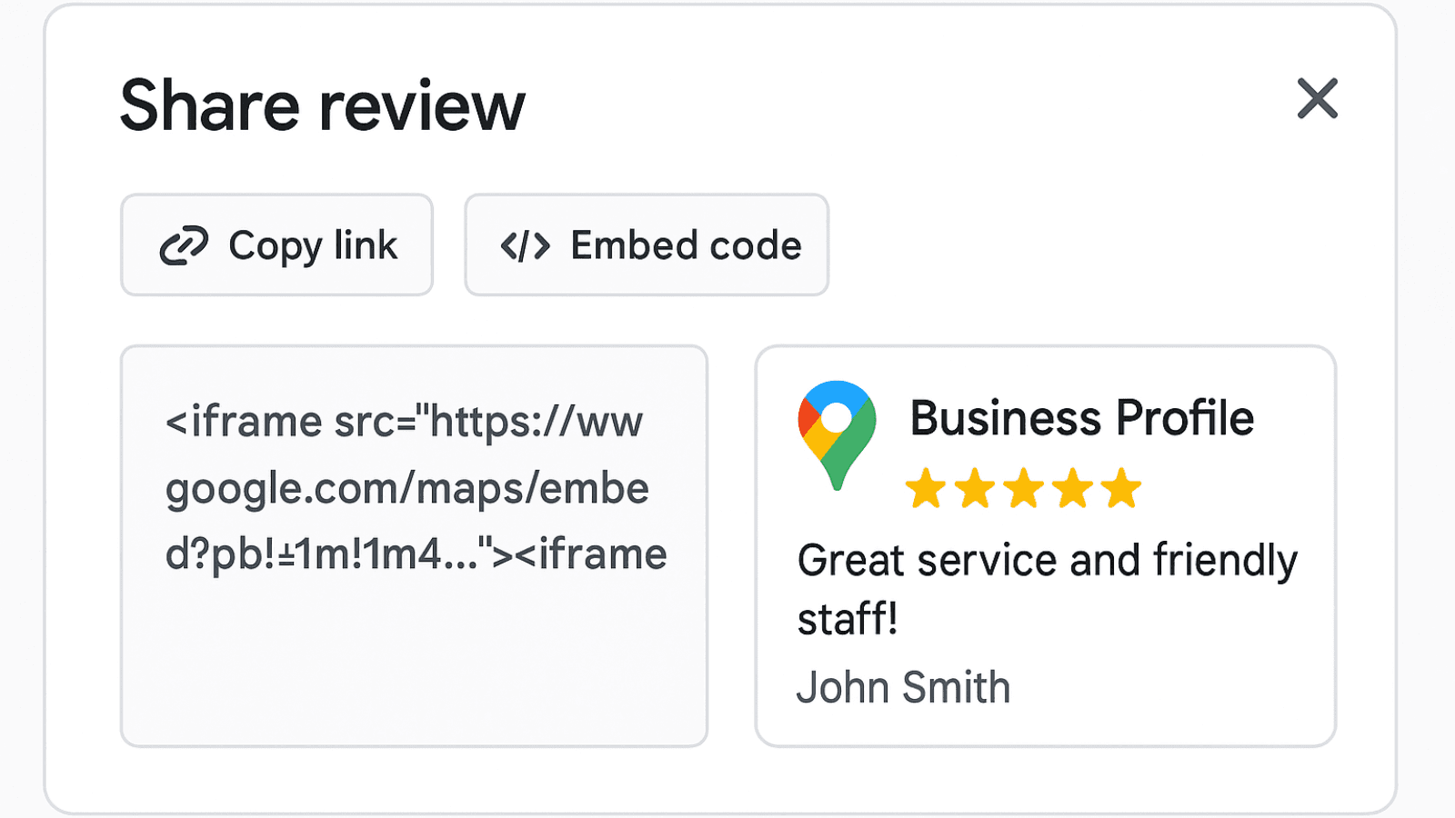 Screenshot showing Google review share options with embed code