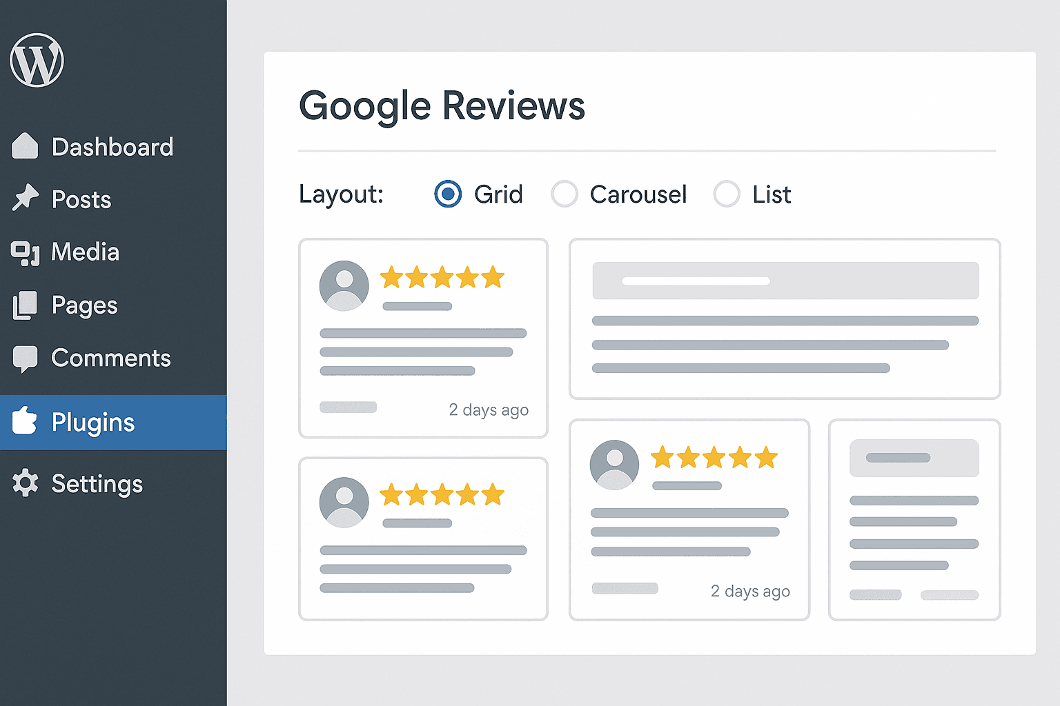 WordPress dashboard screenshot showing plugin settings for Google reviews