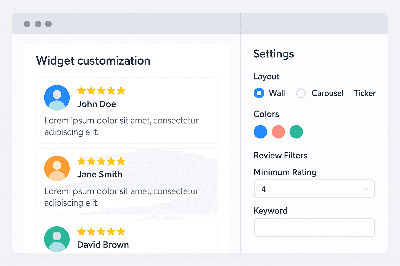Widget customization panel with options for layout, colors, and review selection