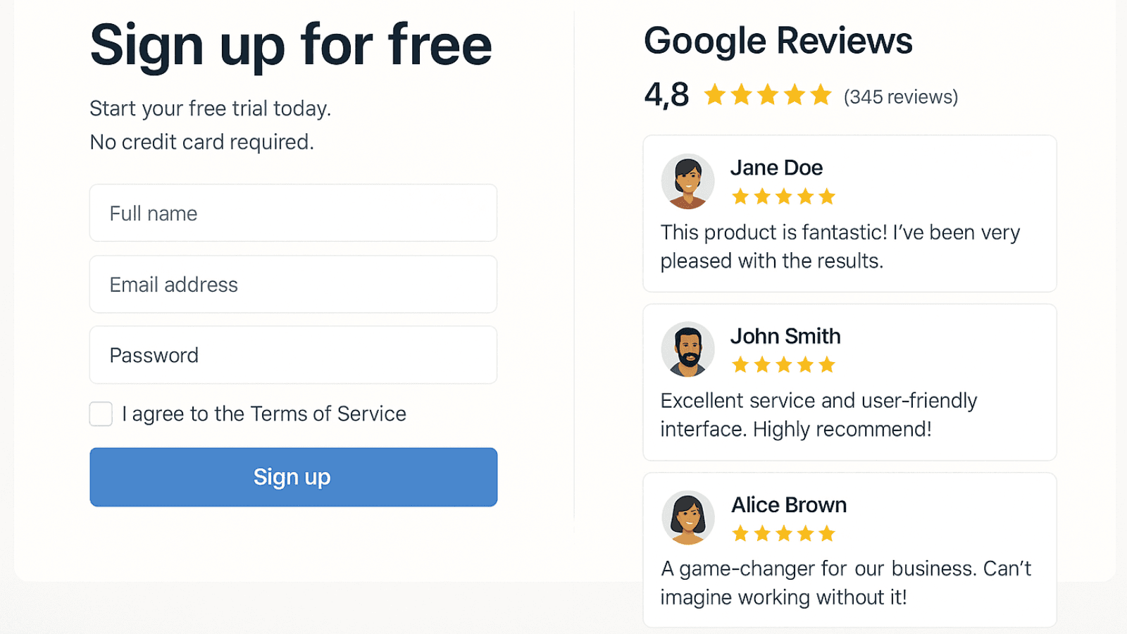 Mockup showing a landing page with a Google review widget next to a sign-up form