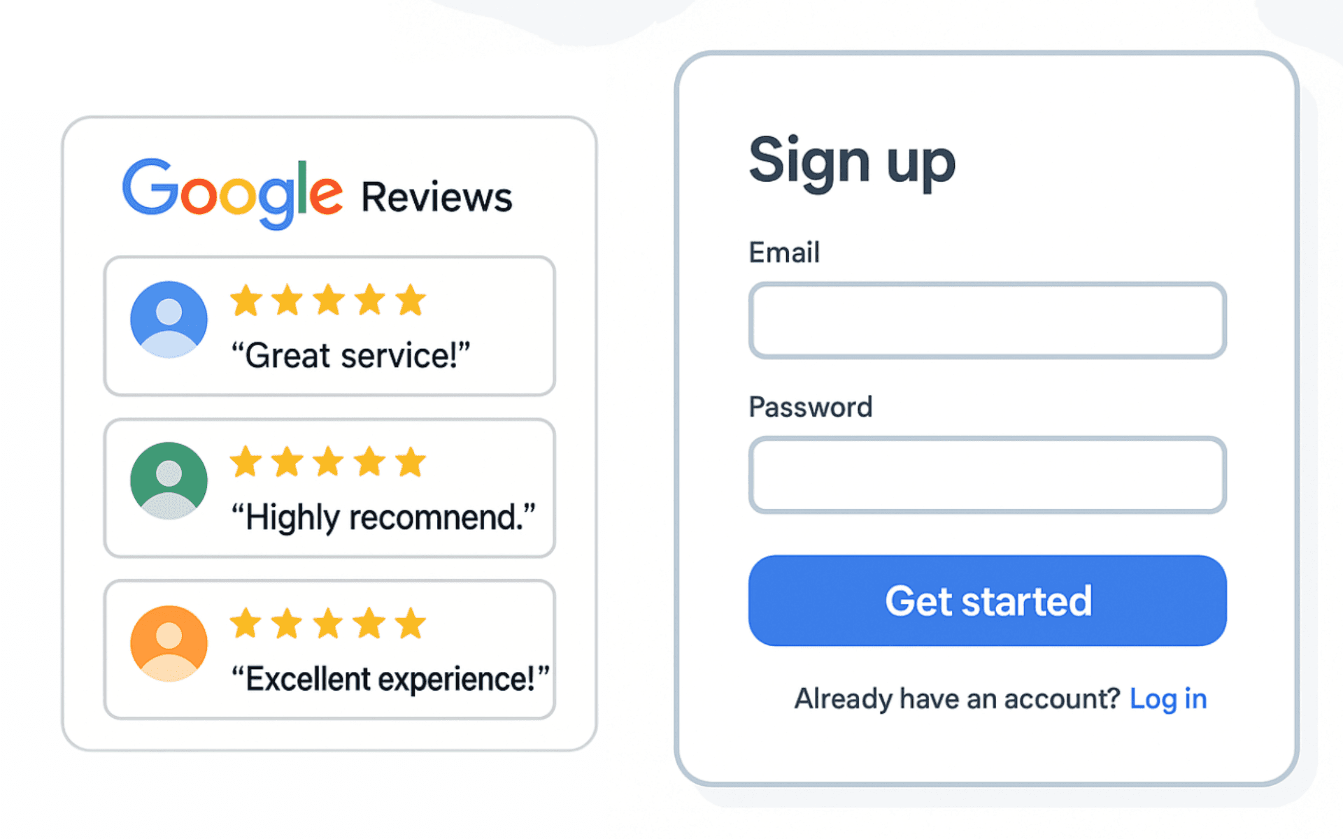 Website mockup showing Google reviews displayed on a landing page