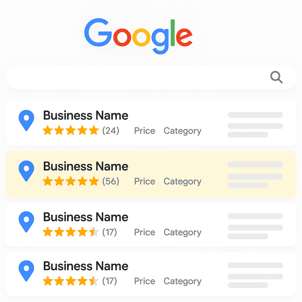 Google search results mockup showing multiple local business listings with visible star ratings and review counts; one listing highlighted to illustrate higher CTR from positive reviews