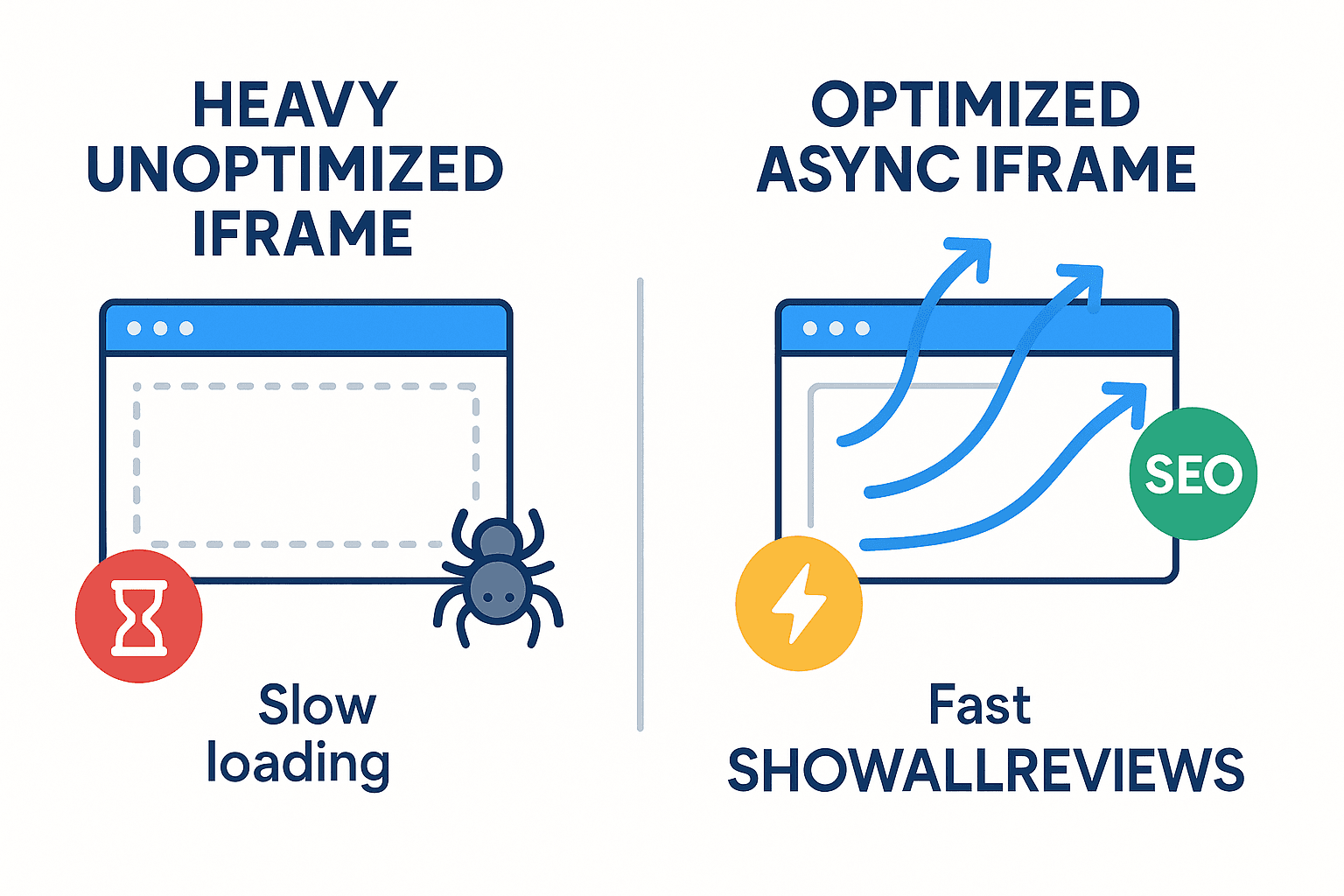 Illustration showing difference between a heavy iframe and an optimized asynchronous iframe used by ShowAllReviews