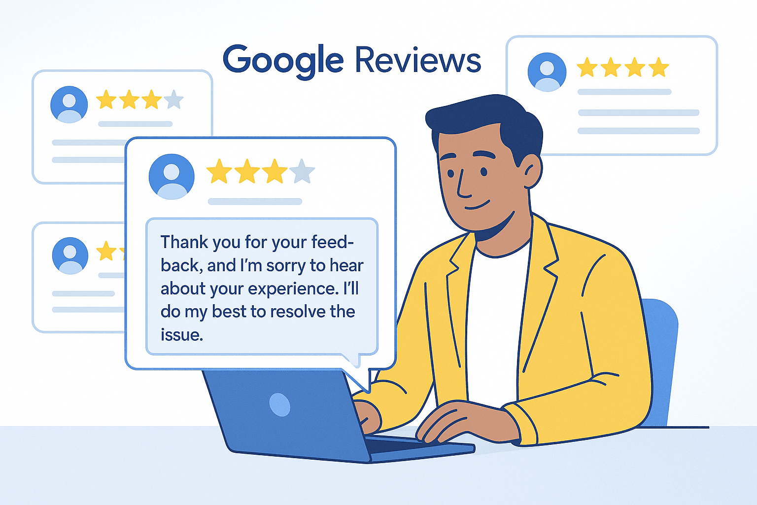 Interface showing how businesses reply to Google reviews in a professional manner