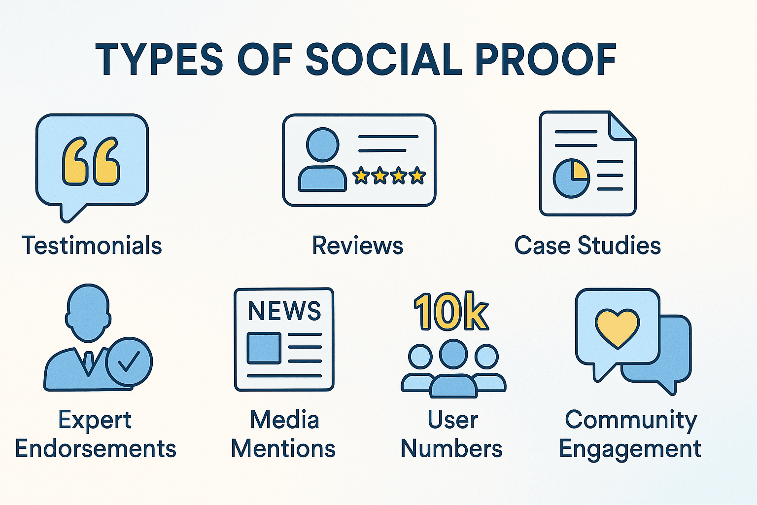 Infographic illustrating seven types of social proof with corresponding icons and examples